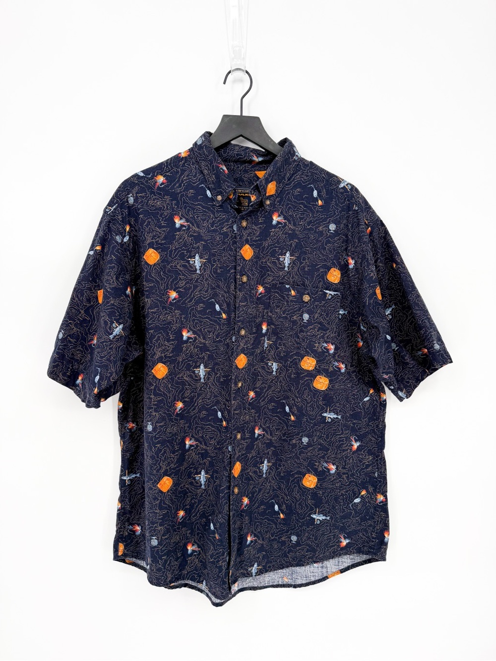 Men's Woolrich Fly Fishing Lure Depth Contour Map Print Button Up Large